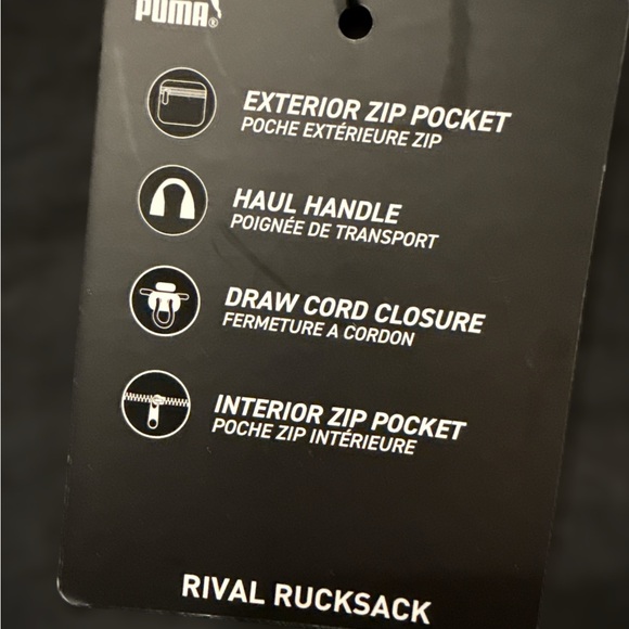 Puma Rival Rucksack Backpack Black Drawstring Closure Zip Pockets - Picture 5 of 6